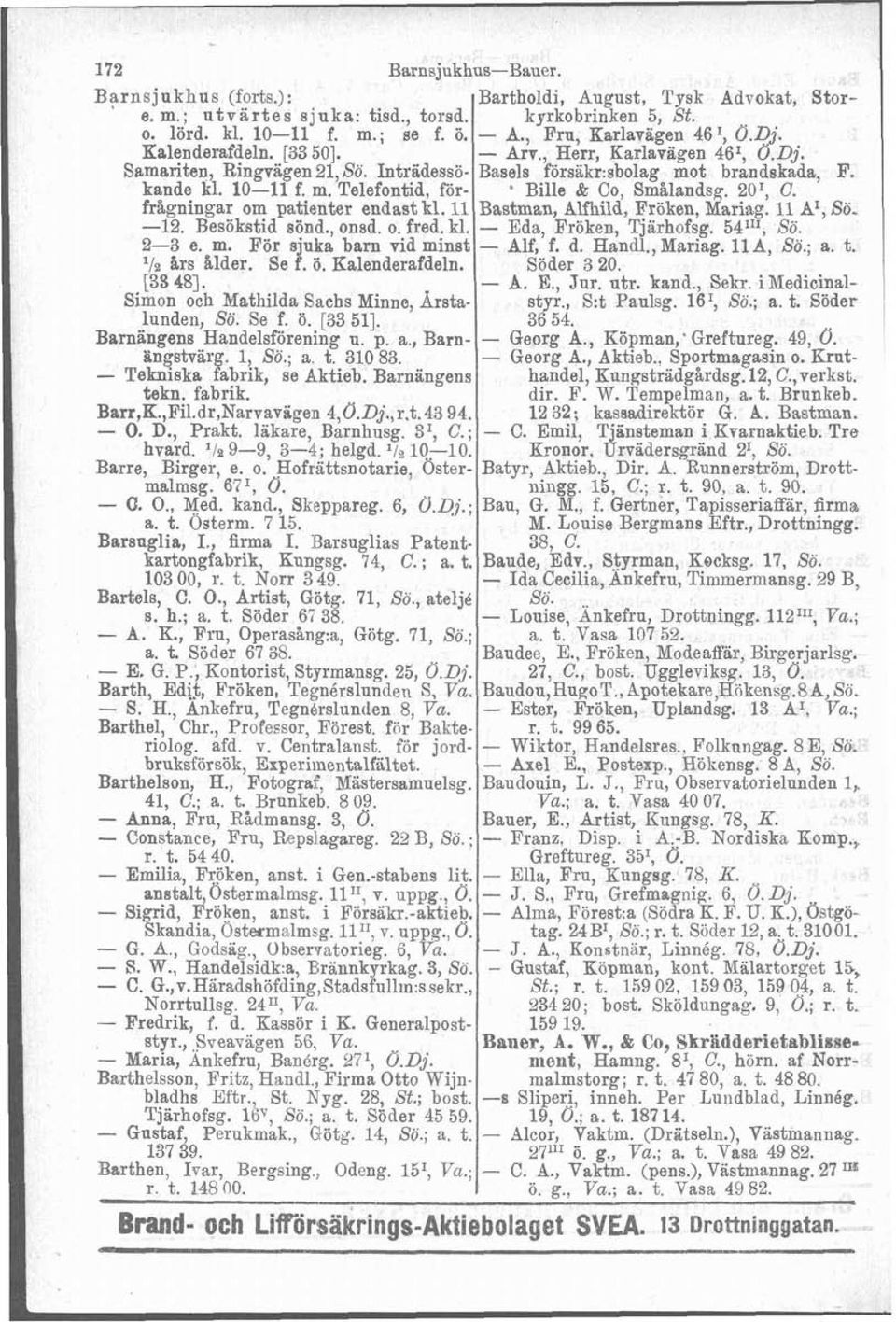 201, C. frågningar om patienter endast kl. 11 Bastman, Alfhild, Fröken, Mariag. l1 A1, So. -12. Besökstid sönd., onsd. o. fred. kl. - Eda, Fröken, Tjarhofsg. 54"I, Sö. 2-3 e. m.