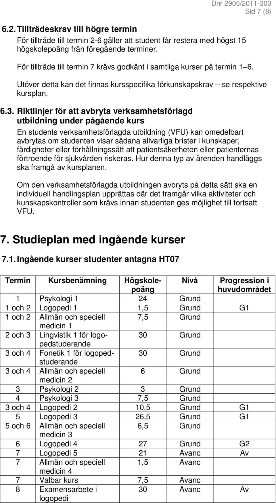 Riktlinjer för att avbryta verksamhetsförlagd utbildning under pågående kurs En students verksamhetsförlagda utbildning (VFU) kan omedelbart avbrytas om studenten visar sådana allvarliga brister i