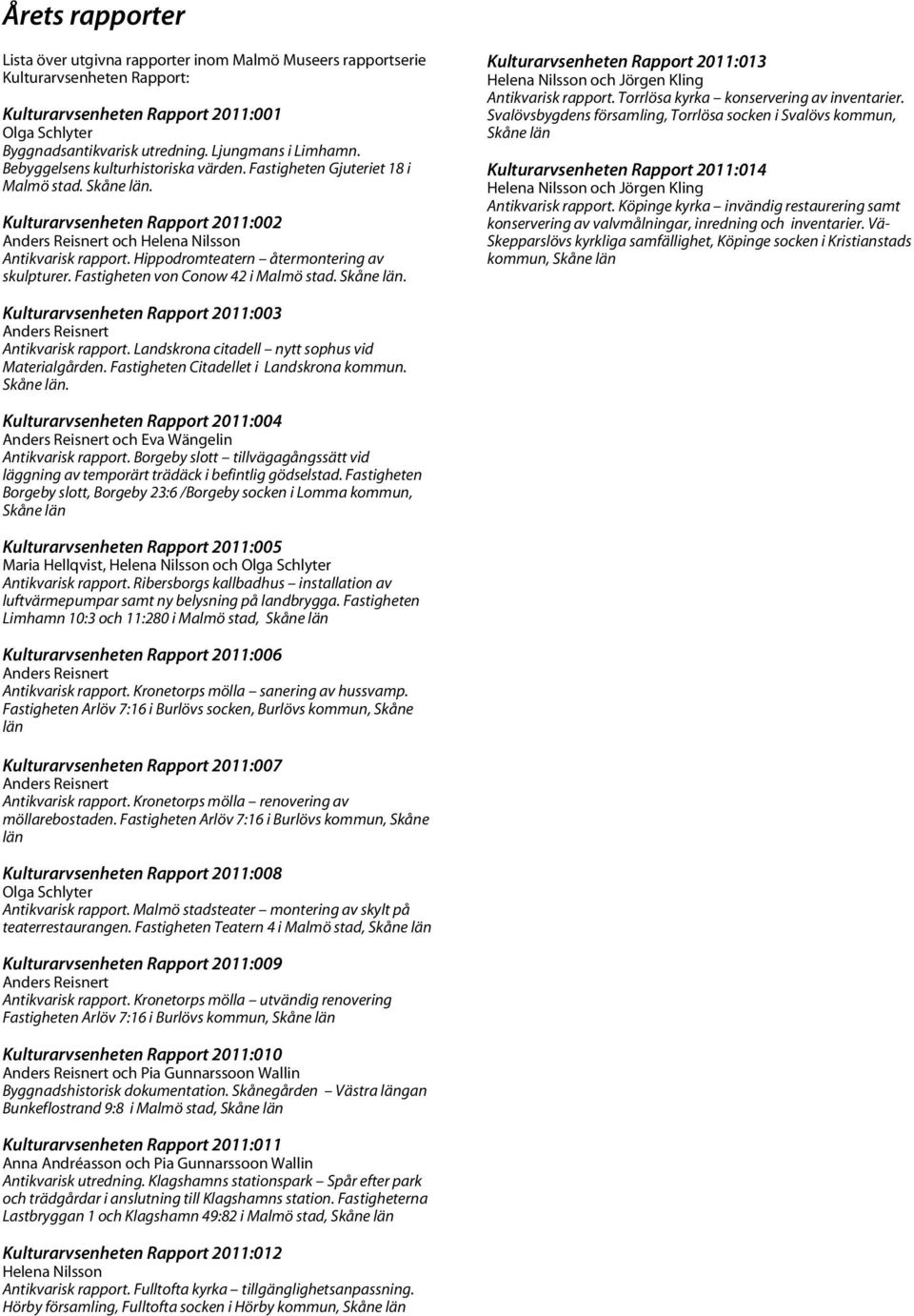 Hippodromteatern återmontering av skulpturer. Fastigheten von Conow 42 i Malmö stad. Skåne län. Kulturarvsenheten Rapport 2011:013 Helena Nilsson och Jörgen Kling Antikvarisk rapport.