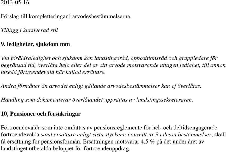 annan utsedd förtroendevald här kallad ersättare. Andra förmåner än arvodet enligt gällande arvodesbestämmelser kan ej överlåtas.