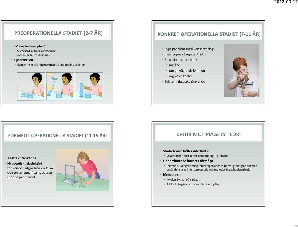 STADIET (11-15 ÅR) KRITIK MOT PIAGETS TEORI Abstrakt tänkande Hypotetiskt-deduktivt tänkande -utgår från en teori och testar specifika hypoteser (pendelproblemet) Stadieteorin håller inte fullt ut