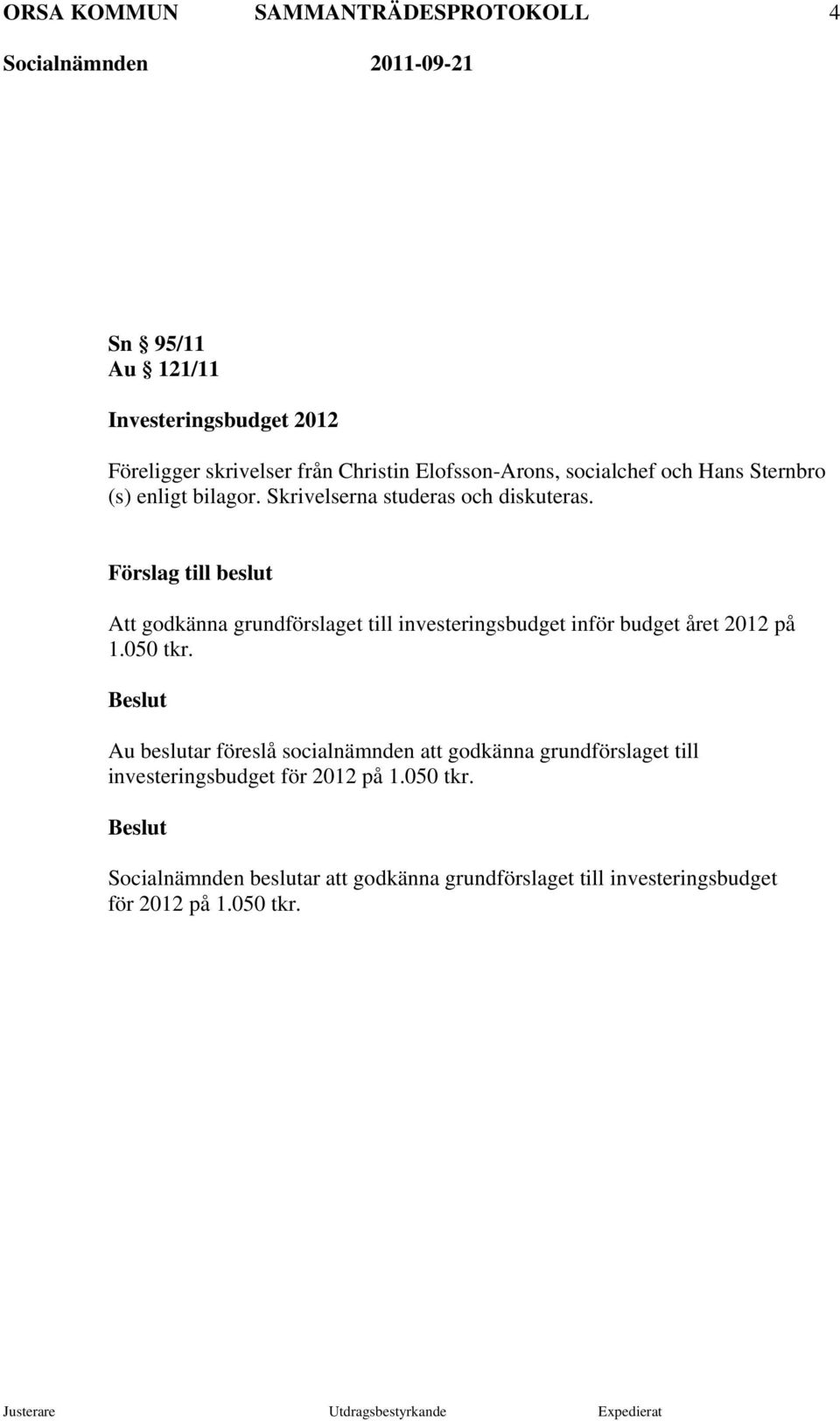 Förslag till beslut Att godkänna grundförslaget till investeringsbudget inför budget året 2012 på 1.050 tkr.