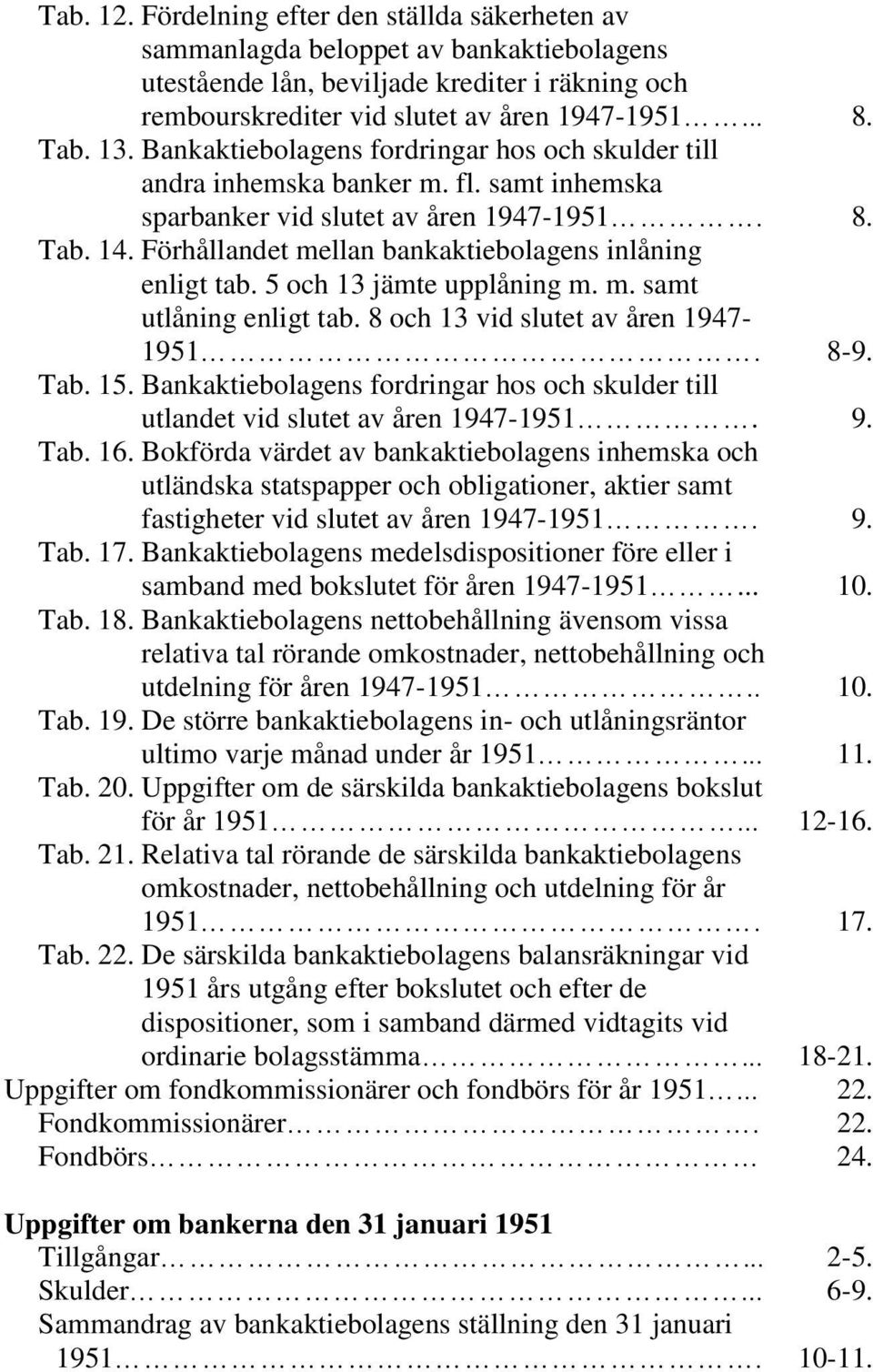 Förhållandet mellan bankaktiebolagens inlåning enligt tab. 5 och 13 jämte upplåning m. m. samt utlåning enligt tab. 8 och 13 vid slutet av åren 1947-1951. 8-9. Tab. 15.