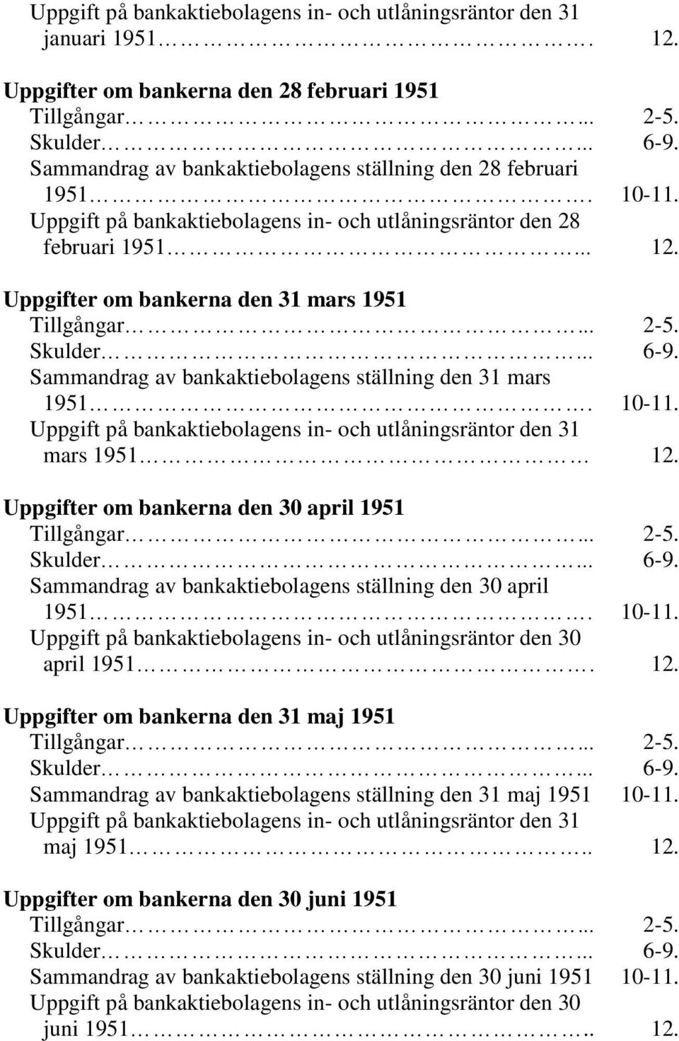 Uppgifter om bankerna den 31 mars 1951 Tillgångar... 2-5. Skulder... 6-9. Sammandrag av bankaktiebolagens ställning den 31 mars 1951. 10-11.