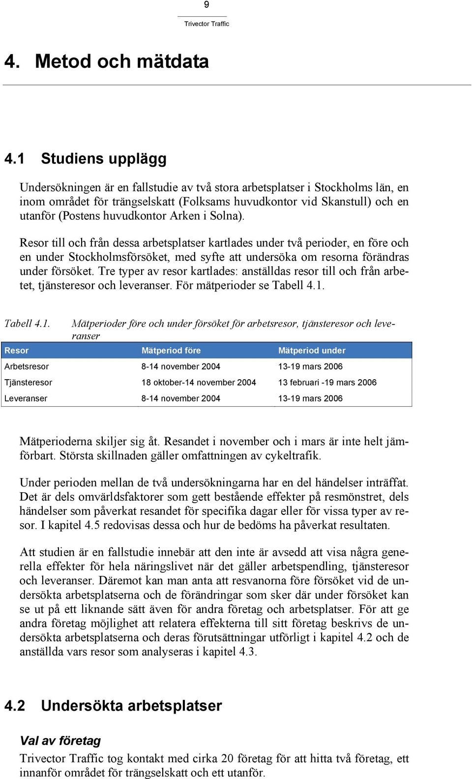 huvudkontor Arken i Solna). Resor till och från dessa arbetsplatser kartlades under två perioder, en före och en under Stockholmsförsöket, med syfte att undersöka om resorna förändras under försöket.