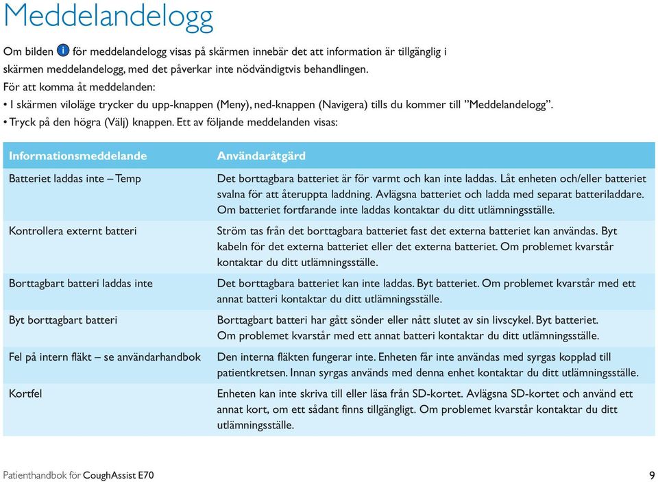 Ett av följande meddelanden visas: Informationsmeddelande Batteriet laddas inte Temp Kontrollera externt batteri Borttagbart batteri laddas inte Byt borttagbart batteri Fel på intern fläkt se