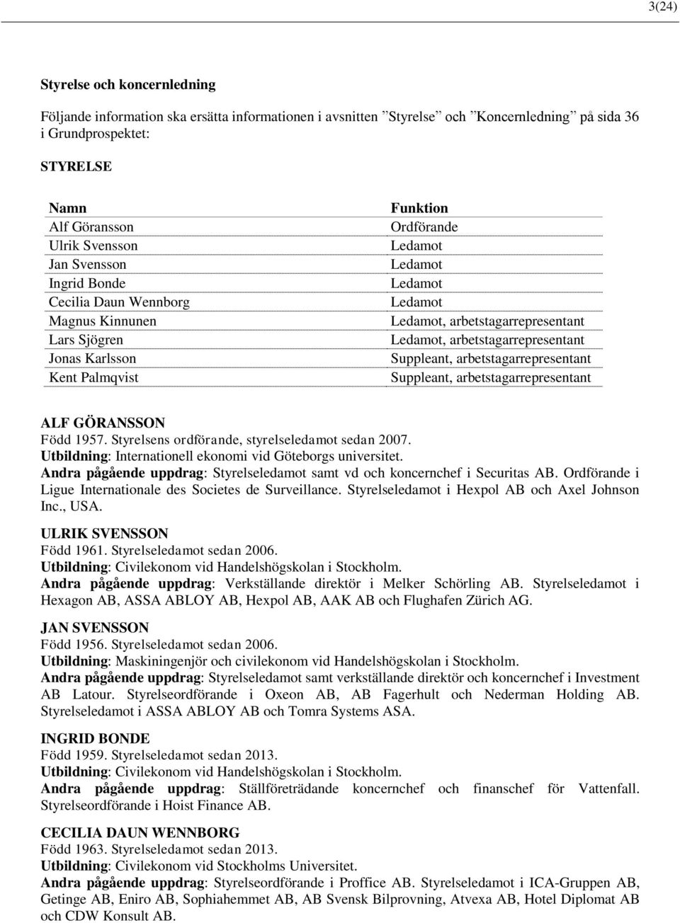 arbetstagarrepresentant Suppleant, arbetstagarrepresentant Suppleant, arbetstagarrepresentant ALF GÖRANSSON Född 1957. Styrelsens ordförande, styrelseledamot sedan 2007.
