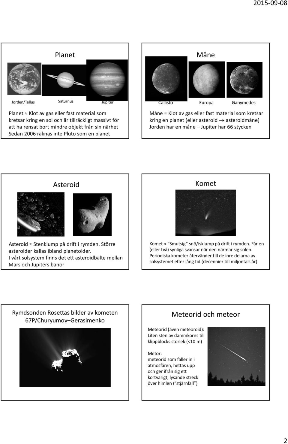 Asteroid Komet Asteroid Stenklump på drift i rymden. Större asteroider kallas ibland planetoider.