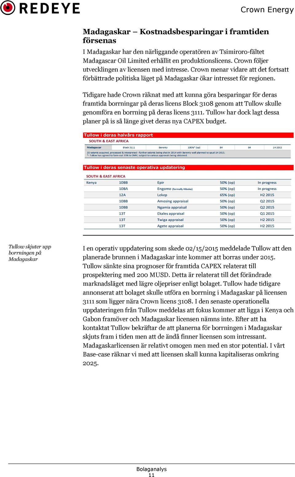 Tidigare hade Crown räknat med att kunna göra besparingar för deras framtida borrningar på deras licens Block 3108 genom att Tullow skulle genomföra en borrning på deras licens 3111.