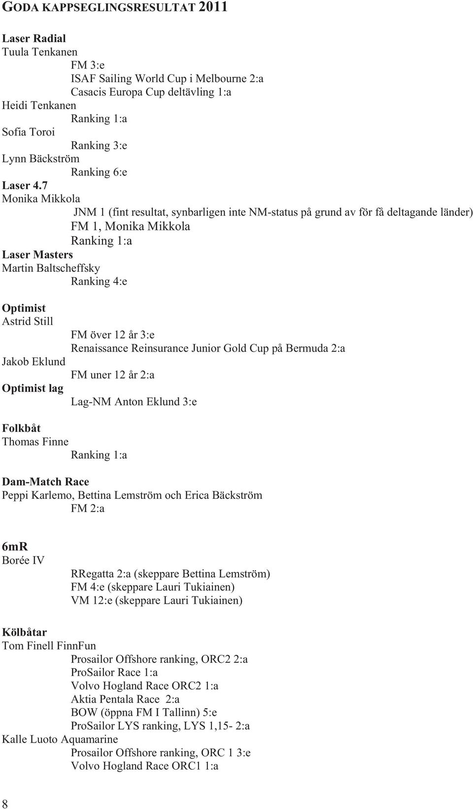 7 Monika Mikkola JNM 1 (fint resultat, synbarligen inte NM-status på grund av för få deltagande länder) FM 1, Monika Mikkola Ranking 1:a Laser Masters Martin Baltscheffsky Ranking 4:e Optimist Astrid