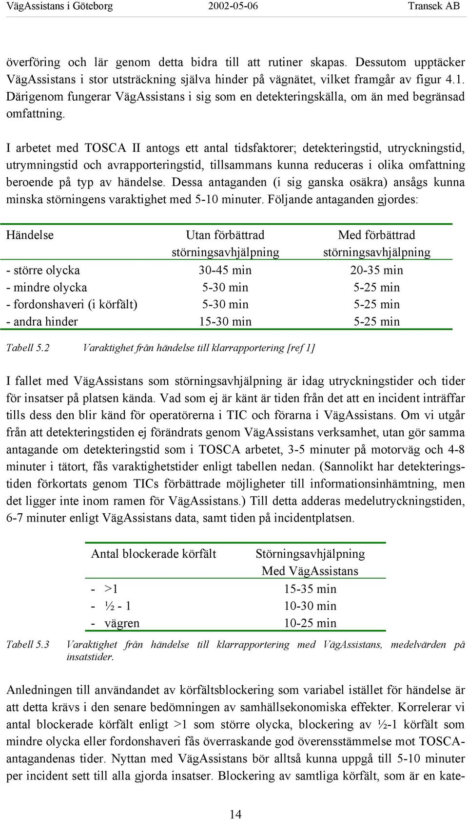 I arbetet med TOSCA II antogs ett antal tidsfaktorer; detekteringstid, utryckningstid, utrymningstid och avrapporteringstid, tillsammans kunna reduceras i olika omfattning beroende på typ av händelse.