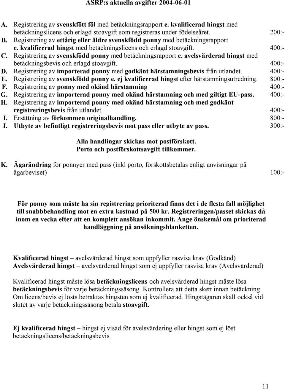 Registrering av svenskfödd ponny med betäckningsrapport e. avelsvärderad hingst med betäckningsbevis och erlagd stoavgift. 400: D.