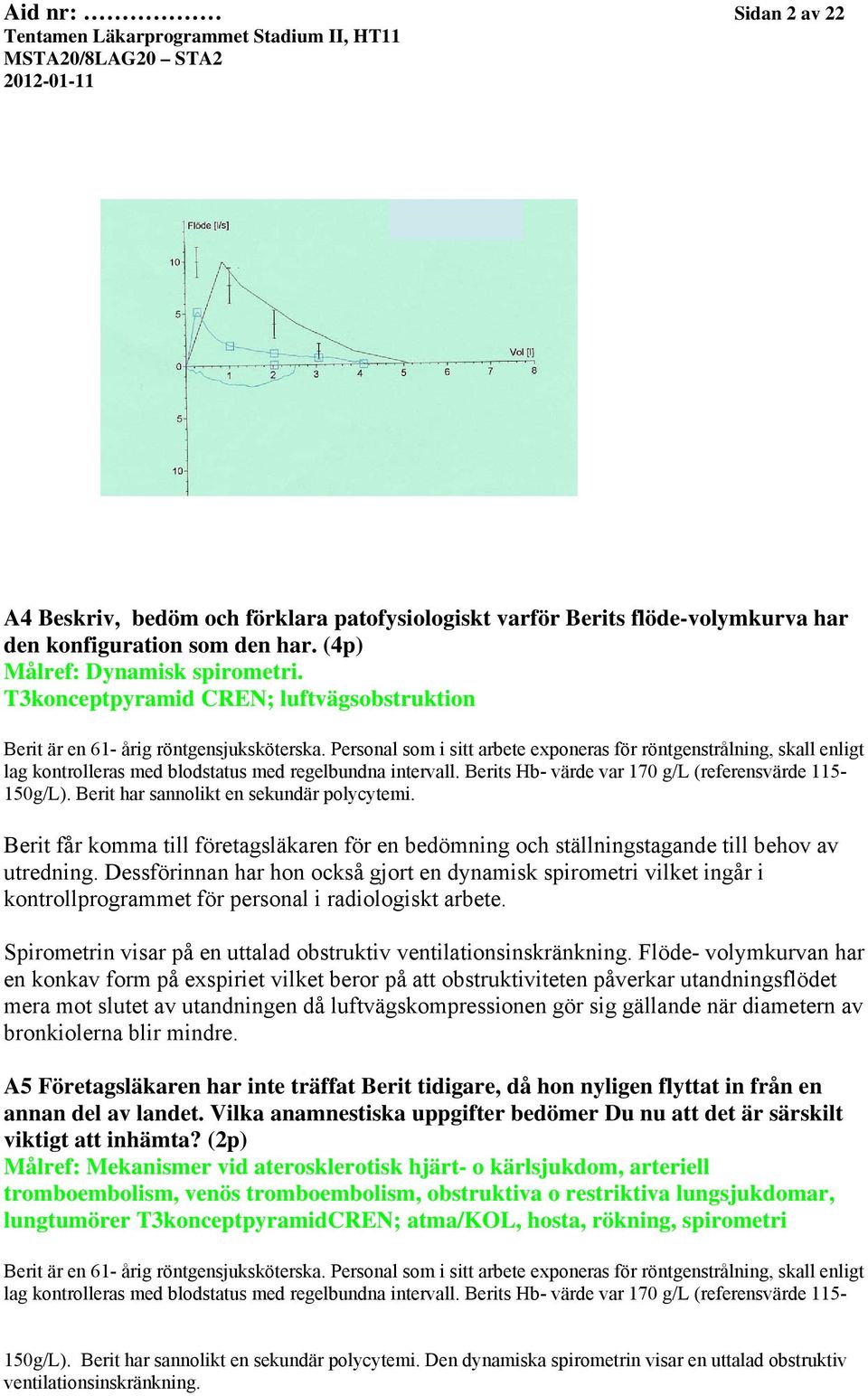 Personal som i sitt arbete exponeras för röntgenstrålning, skall enligt lag kontrolleras med blodstatus med regelbundna intervall. Berits Hb- värde var 170 g/l (referensvärde 115-150g/L).