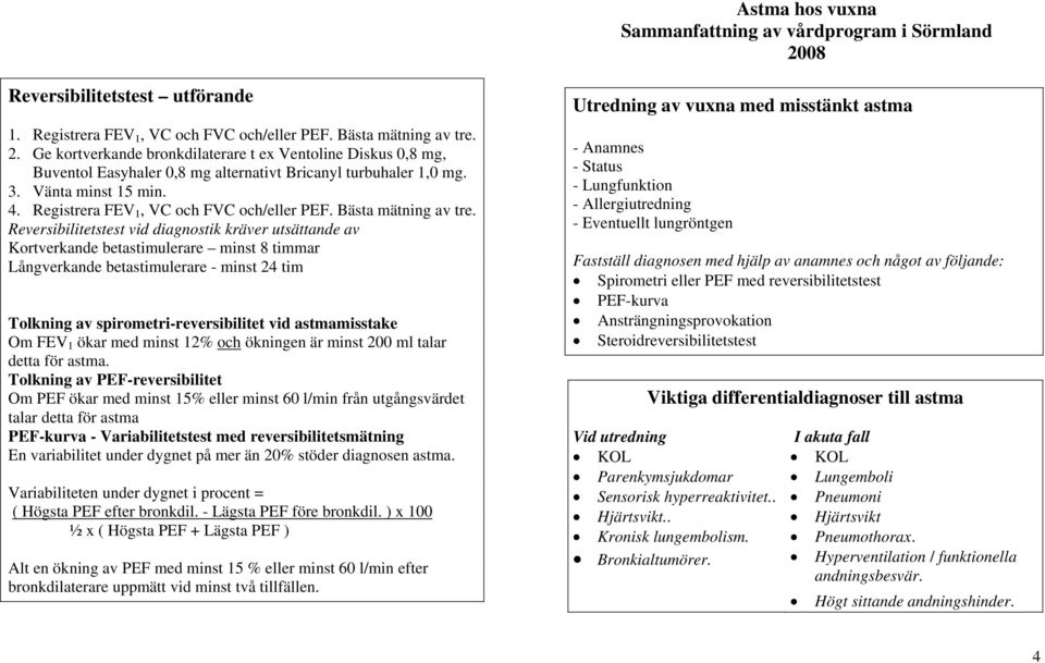 Reversibilitetstest vid diagnostik kräver utsättande av Kortverkande betastimulerare minst 8 timmar Långverkande betastimulerare - minst 24 tim Tolkning av spirometri-reversibilitet vid astmamisstake