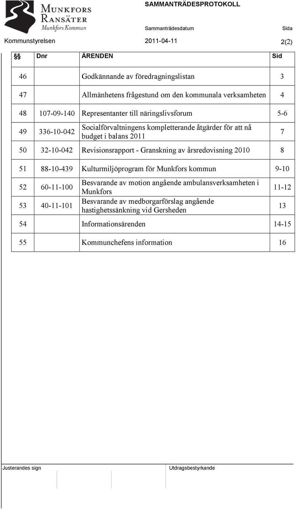 - Granskning av årsredovisning 2010 8 51 88-10-439 Kulturmiljöprogram för Munkfors kommun 9-10 52 60-11-100 53 40-11-101 Besvarande av motion angående