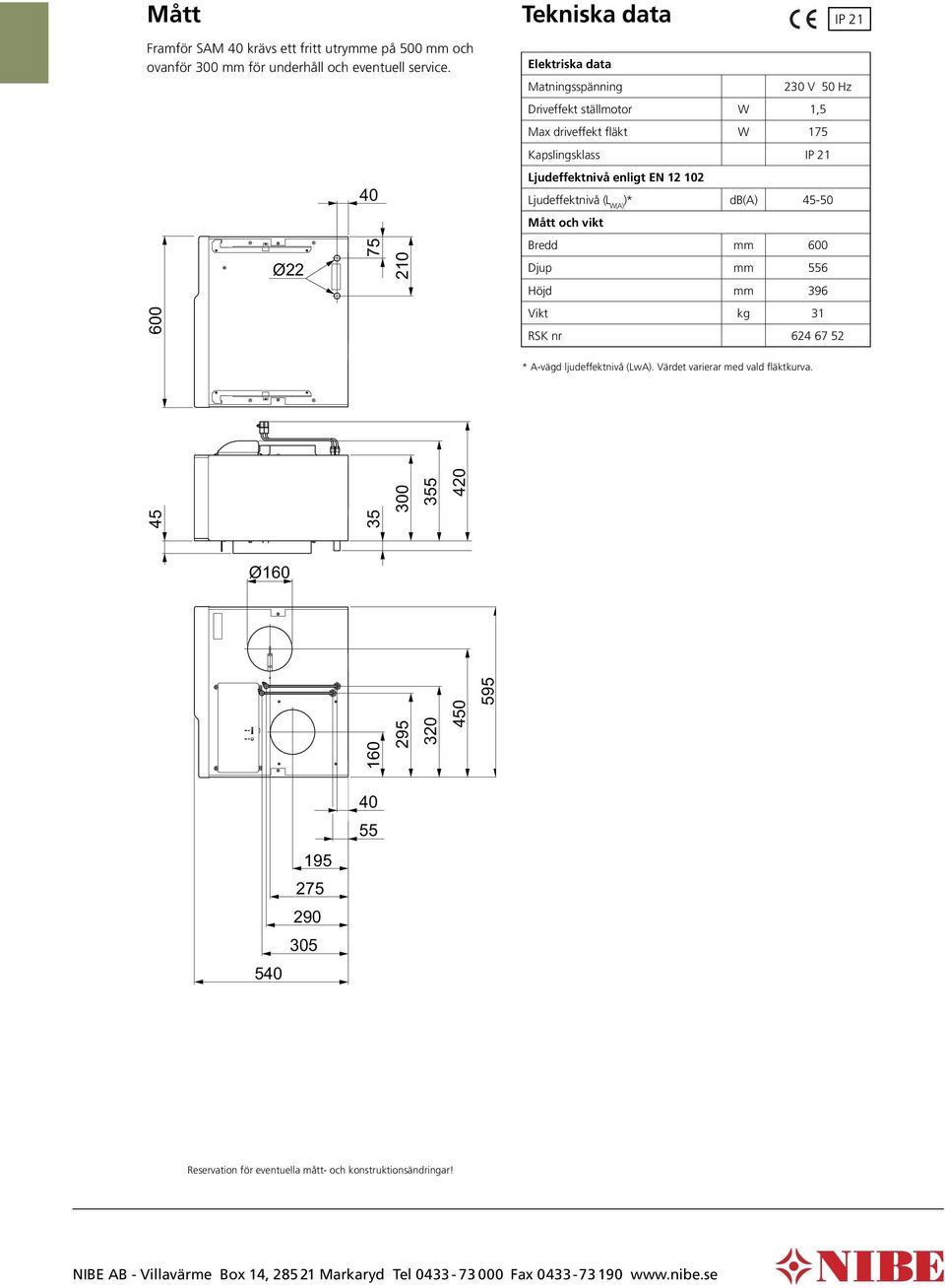 enligt EN 12 102 Ljudeffektnivå (L W(A) )* db(a) 45-50 Mått och vikt Bredd mm 600 Djup mm 556 Höjd mm 396 Vikt kg 31 RSK nr 624 67 52 * A-vägd ljudeffektnivå (LwA).