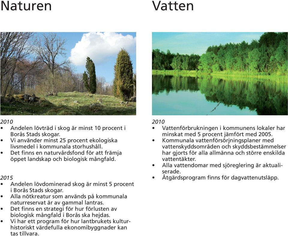 Kommunala vattenförsörjningsplaner med vattenskyddsområden och skyddsbestämmelser har gjorts för alla allmänna och större enskilda vattentäkter. Alla vattendomar med sjöreglering är aktuali serade.