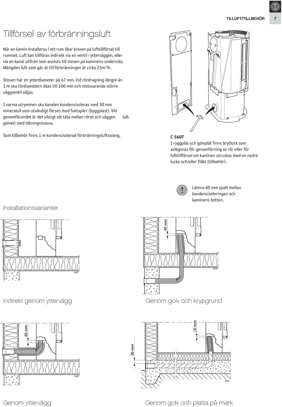 Stosen har en ytterdiameter på 67 mm. Vid rördragning längre än 1 m ska rördiametern ökas till 100 mm och motsvarande större väggventil väljas.