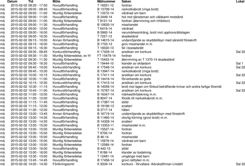 förberedelse T 8121-14 fordran (återvinning och inhibition) må 2015-02-02 09:00-11:30 Huvudförhandling B 10635-14 misshandel må 2015-02-02 09:00-12:00 Huvudförhandling T 6419-14 vårdnad må 2015-02-02