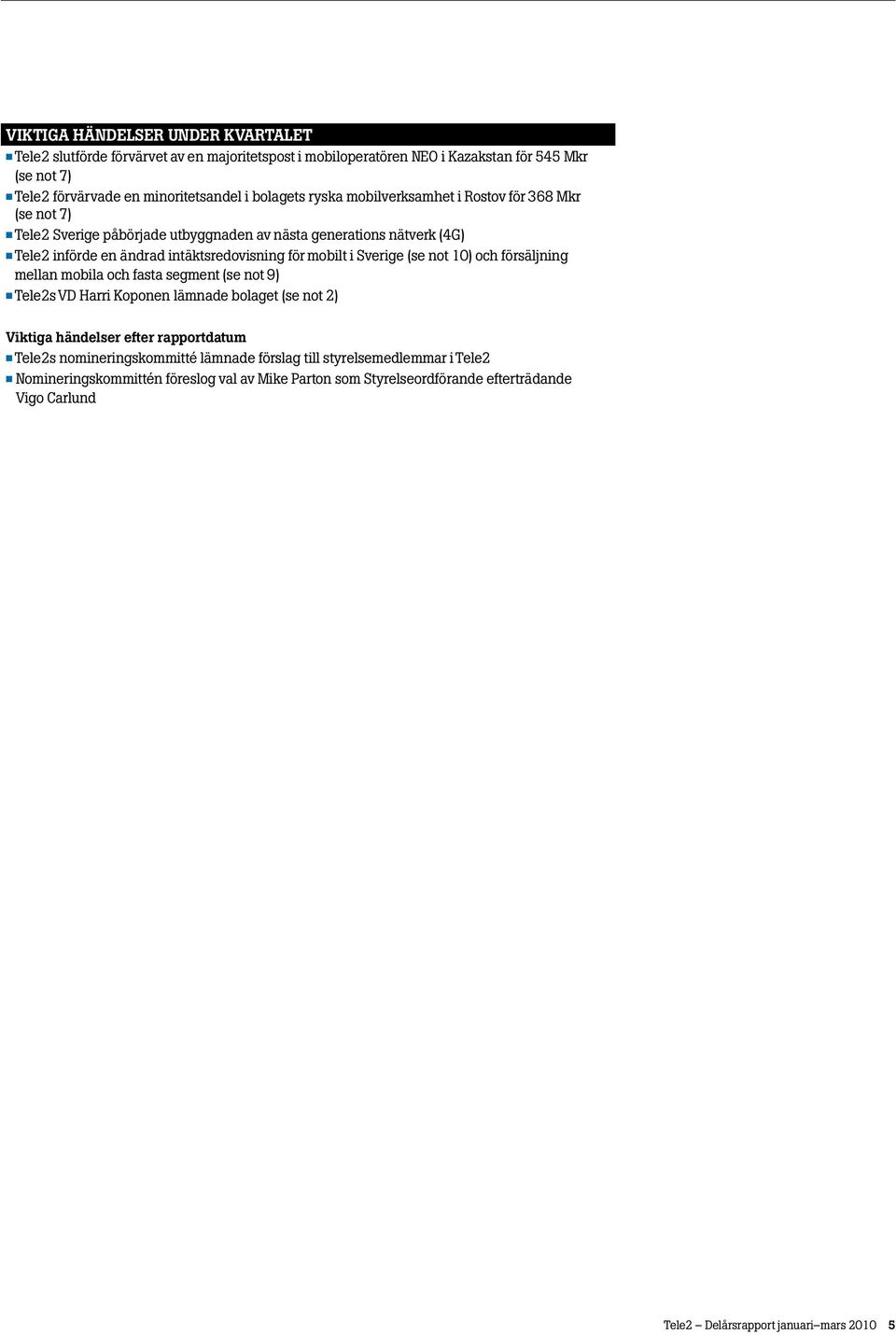 Sverige (se not 10) och försäljning mellan mobila och fasta segment (se not 9) Tele2s VD Harri Koponen lämnade bolaget (se not 2) Viktiga händelser efter rapportdatum Tele2s