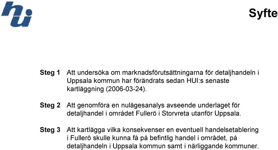 Att genomföra en nulägesanalys avseende underlaget för detaljhandel i området Fullerö i Storvreta utanför Uppsala.