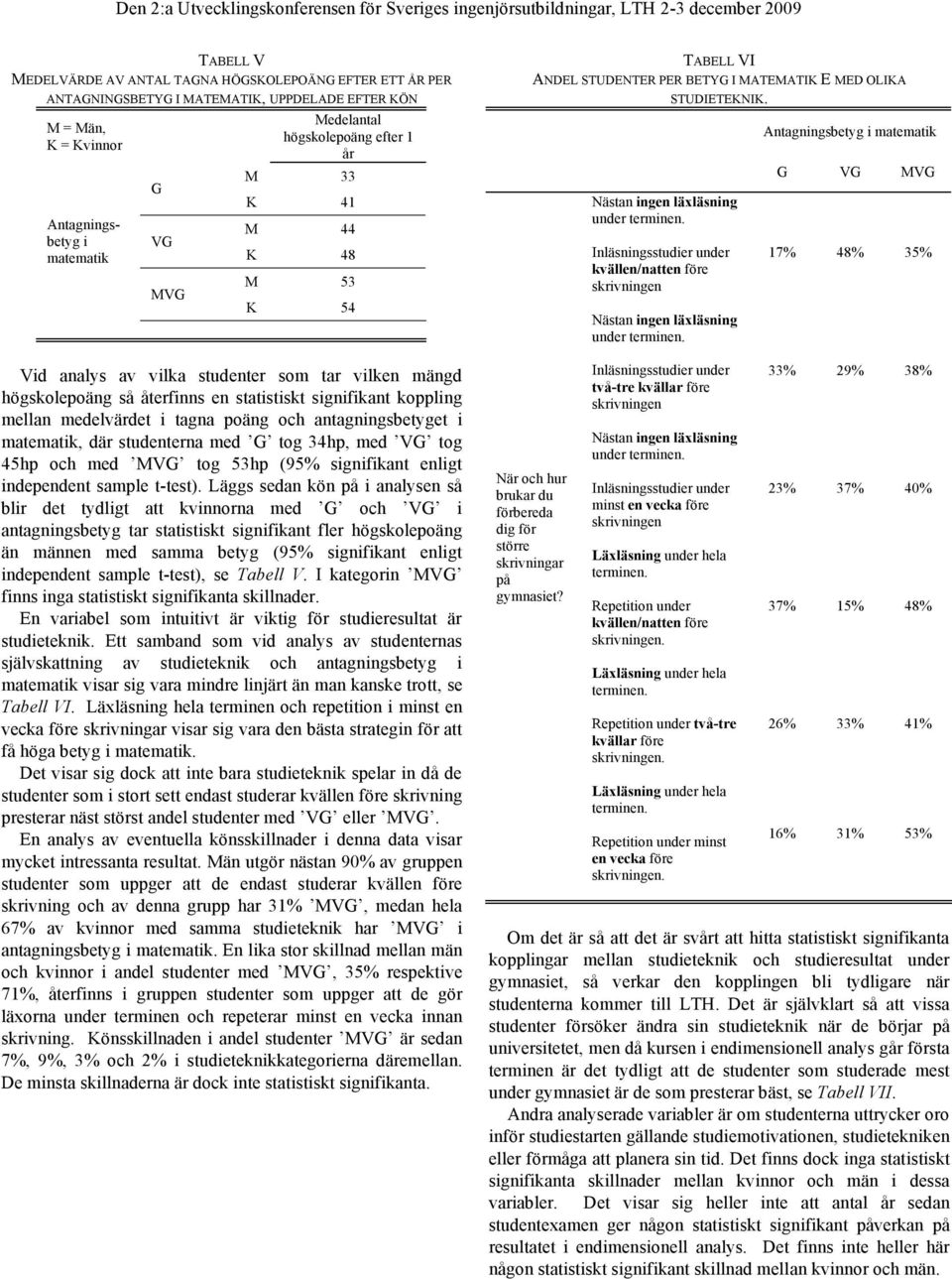 där studenterna med G tog 34hp, med VG tog 45hp och med MVG tog 53hp (95% signifikant enligt independent sample t-test).