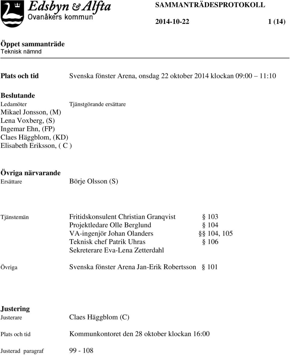 Christian Granqvist 103 Projektledare Olle Berglund 104 VA-ingenjör Johan Olanders 104, 105 Teknisk chef Patrik Uhras 106 Sekreterare Eva-Lena Zetterdahl Övriga