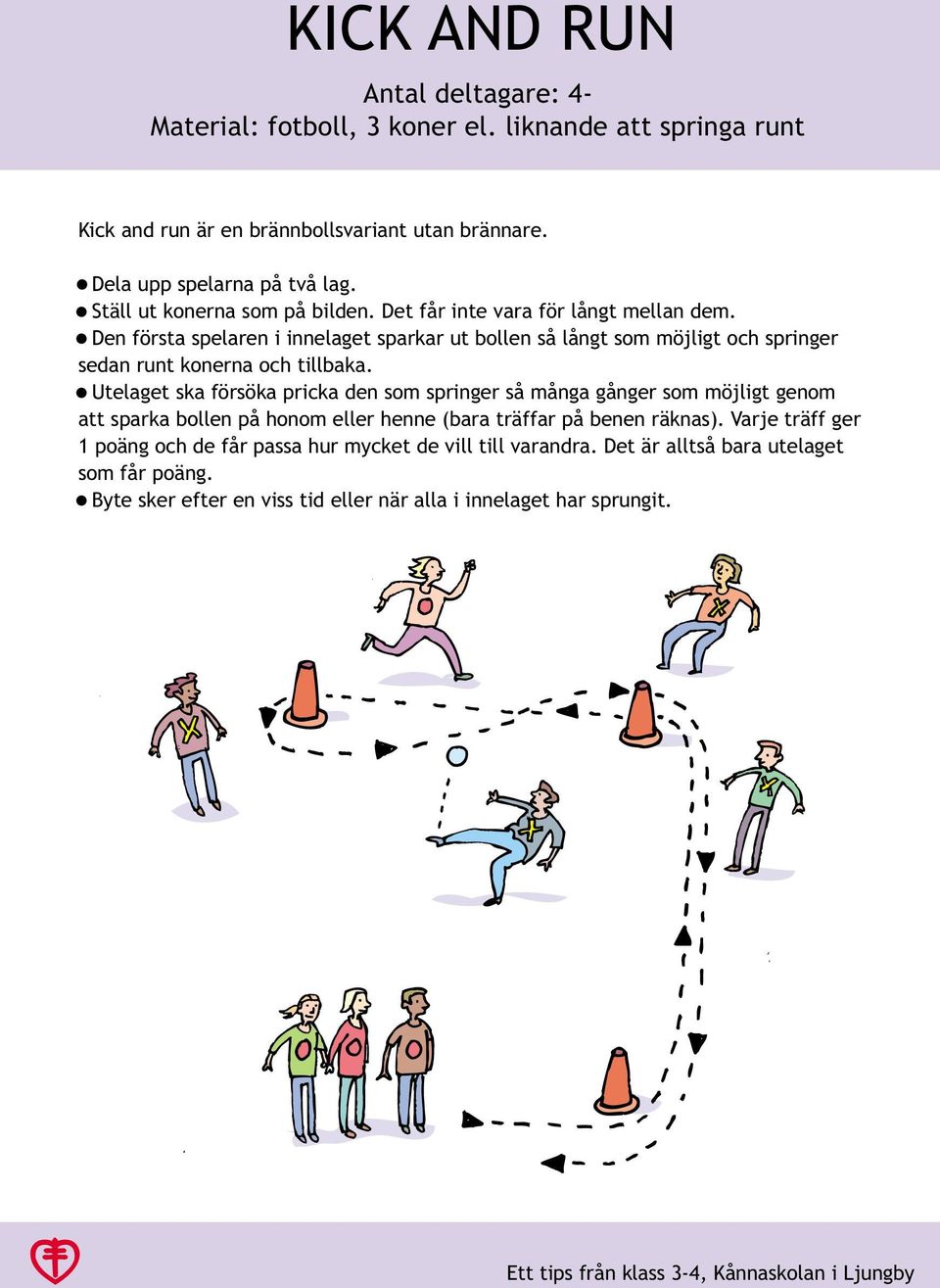 Den första spelaren i innelaget sparkar ut bollen så långt som möjligt och springer sedan runt konerna och tillbaka.