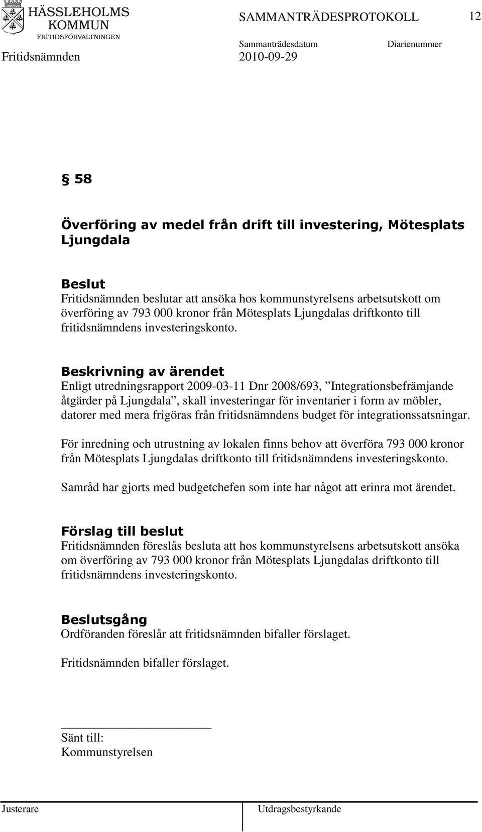 Enligt utredningsrapport 2009-03-11 Dnr 2008/693, Integrationsbefrämjande åtgärder på Ljungdala, skall investeringar för inventarier i form av möbler, datorer med mera frigöras från fritidsnämndens