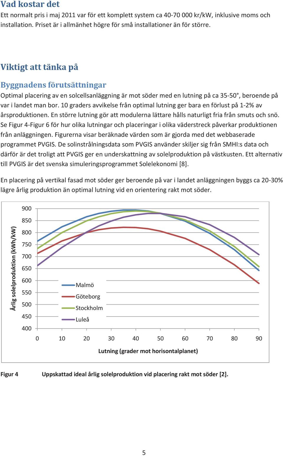 1 graders avvikelse från optimal lutning ger bara en förlust på 1-2% av årsproduktionen. En större lutning gör att modulerna lättare hålls naturligt fria från smuts och snö.