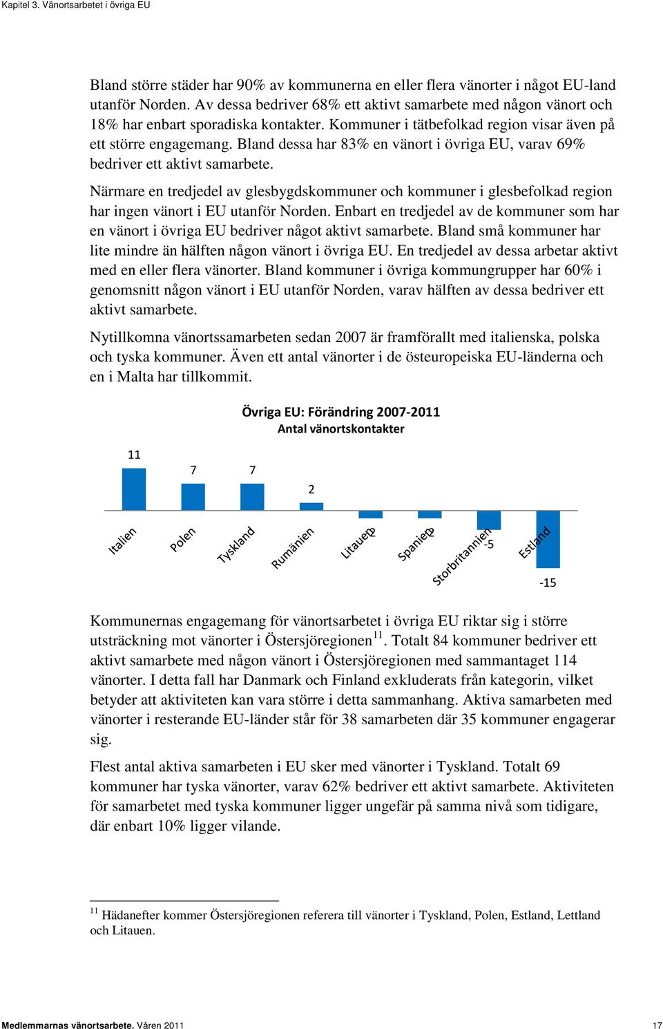 Bland dessa har 83% en vänort i övriga EU, varav 69% bedriver ett aktivt samarbete. Närmare en tredjedel av glesbygdskommuner och kommuner i glesbefolkad region har ingen vänort i EU utanför Norden.