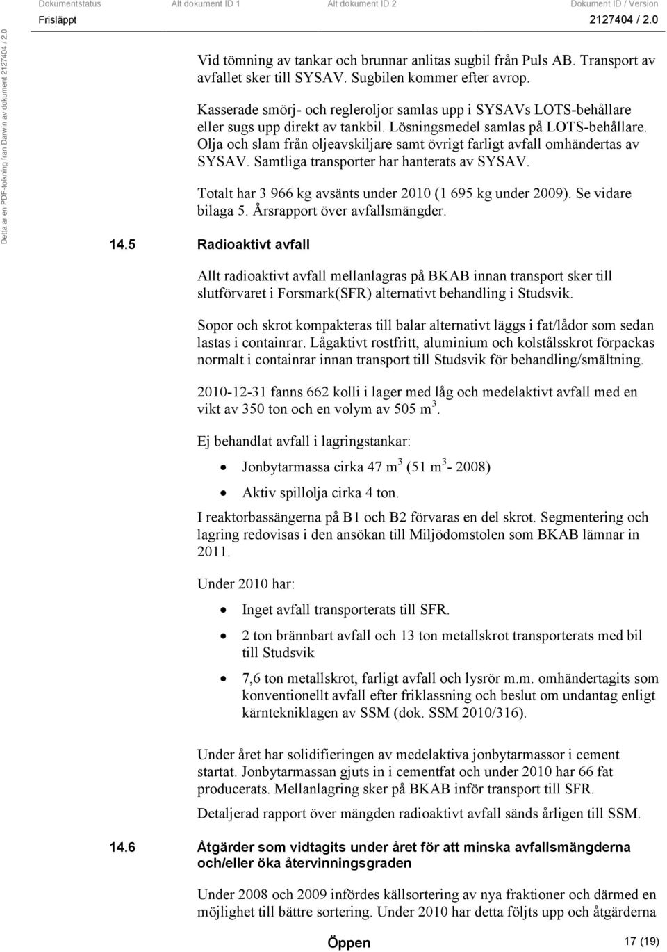 Olja och slam från oljeavskiljare samt övrigt farligt avfall omhändertas av SYSAV. Samtliga transporter har hanterats av SYSAV. Totalt har 3 966 kg avsänts under 2010 (1 695 kg under 2009).
