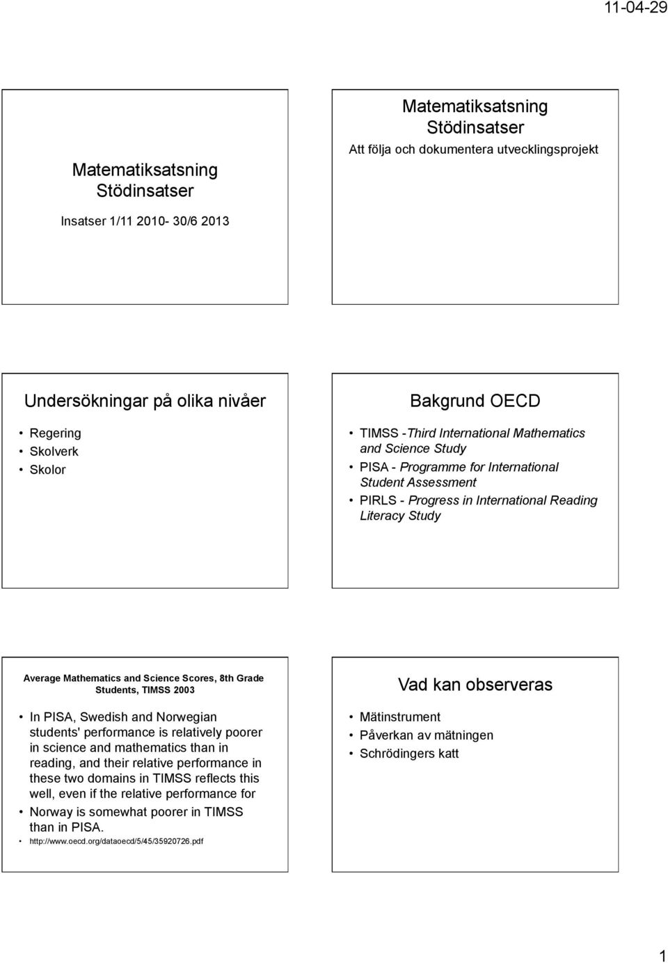 Students, TIMSS 2003 In PISA, Swedish and Norwegian students' performance is relatively poorer in science and mathematics than in reading, and their relative performance in these two domains in TIMSS