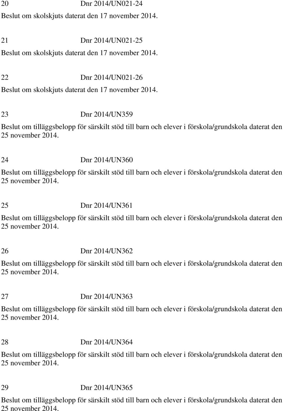 22 Dnr 2014/UN021-26 Beslut om skolskjuts daterat den 17 november 2014.