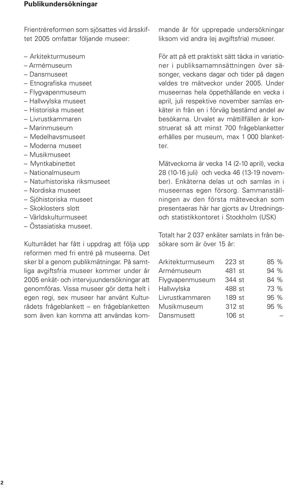 slott Världskulturmuseet Östasiatiska museet. Kulturrådet har fått i uppdrag att följa upp reformen med fri entré på museerna. Det sker bl a genom publikmätningar.