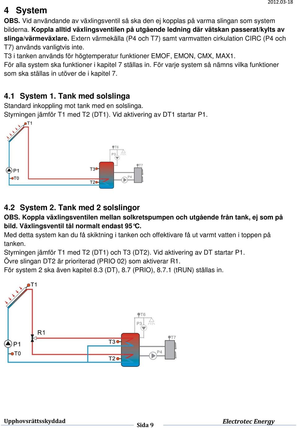 Extern värmekälla (P4 och T7) samt varmvatten cirkulation CIRC (P4 och T7) används vanligtvis inte. T3 i tanken används för högtemperatur funktioner EMOF, EMON, CMX, MAX1.