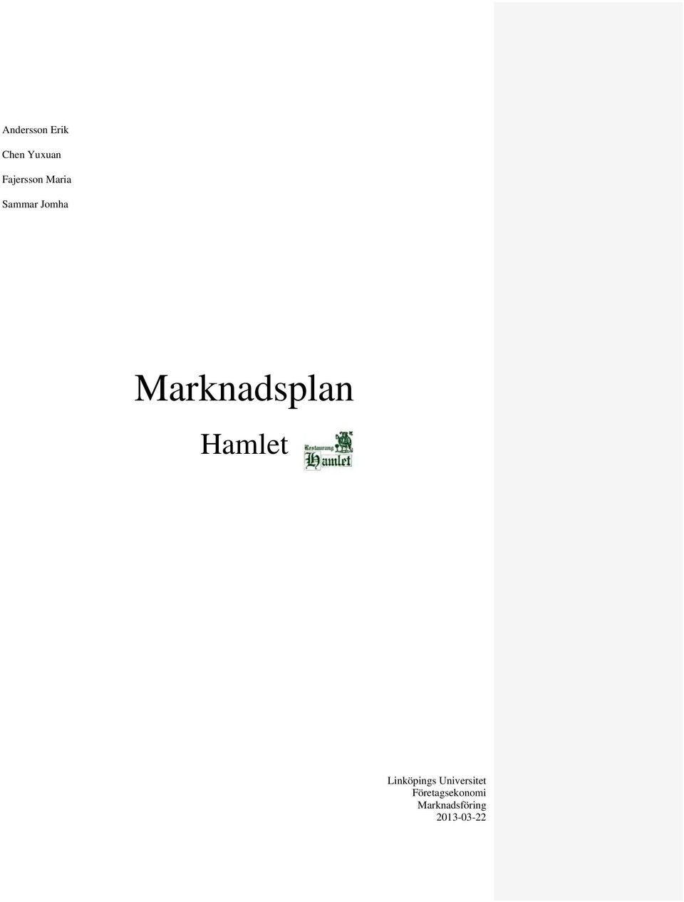 Marknadsplan Hamlet Linköpings