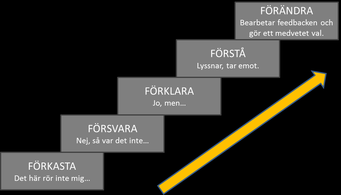 Feedbacktrappan När du är den som tar emot feedback är det viktigt att låta din samtalspart tala färdigt. Lyssna aktivt och försök förstå vad som ligger bakom återkopplingen.