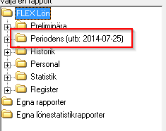 FLEX Lön Användarmeddelande (november 2014) 4 Periodens rapporter Ny logik Syftet med periodens rapporter är att på ett smidigt sätt kunna ta ut rapporter på den senaste avräknade löneutbetalningen.