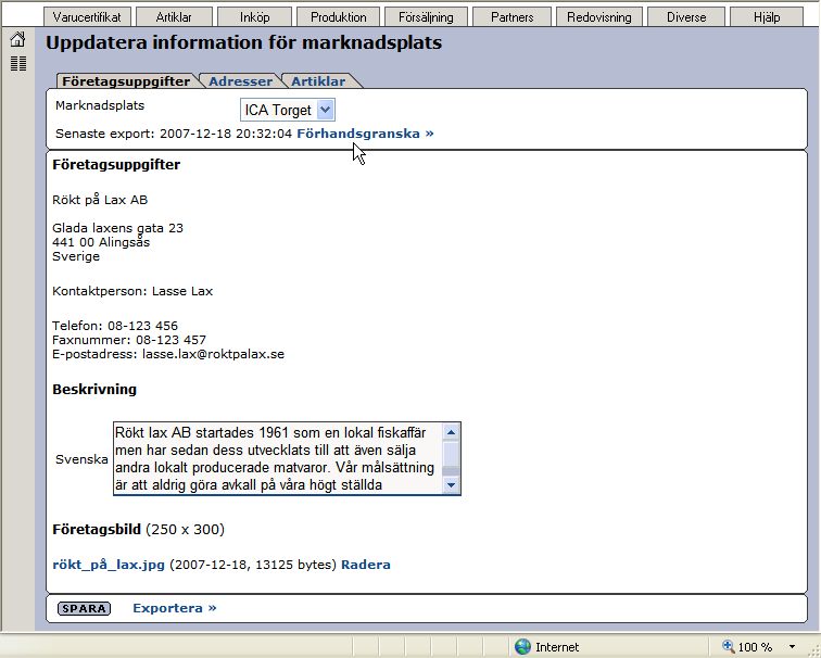 Förhandsgranska hur presentationen av leverantörs-/artikelinformationen ser ut på ICA Torget En ny praktisk funktion är att ni nu kan se hur all den information som exporterats ser ut när den visas