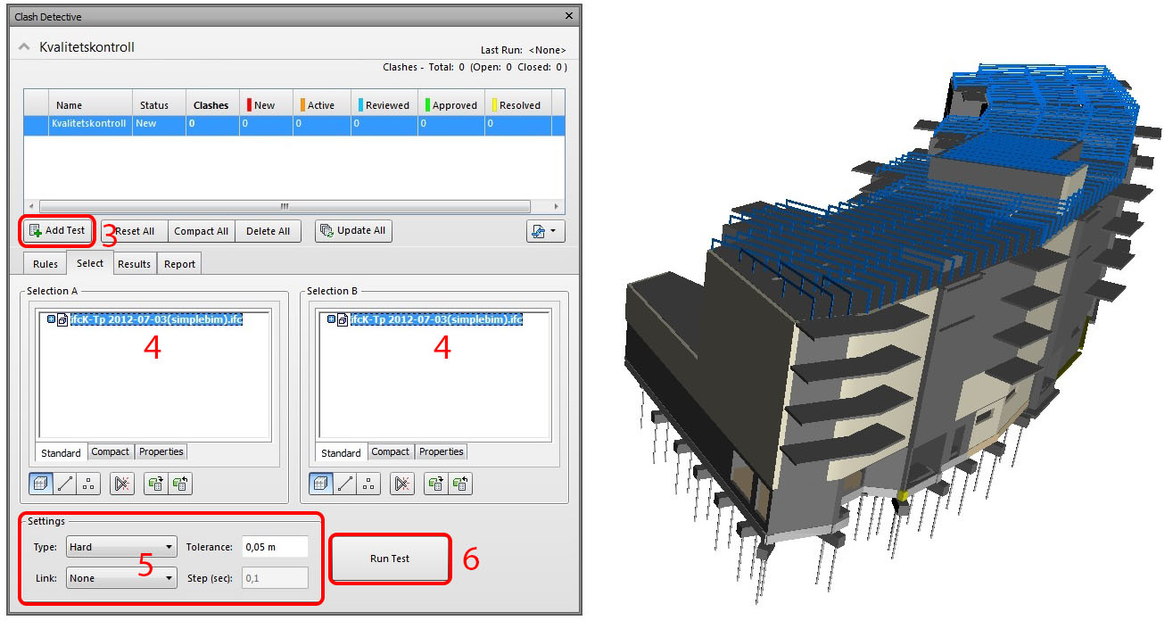 Exempel Här följer ett exempel på hur Clash Detective kan användas för att göra egenkontroller av en modell. I exemplet används K-modellen för Täby PLUS 1. Öppna modellen i Navisworks 2.