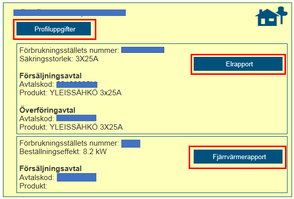 Bruksanvisning 4(13) 2 RAPPORTERINGSTJÄNSTENS STARTSIDA Genom att klicka på en av de blåa knapparna till höger kan du välja vilken produktkategori du vill ha en rapport om, el eller fjärrvärme.