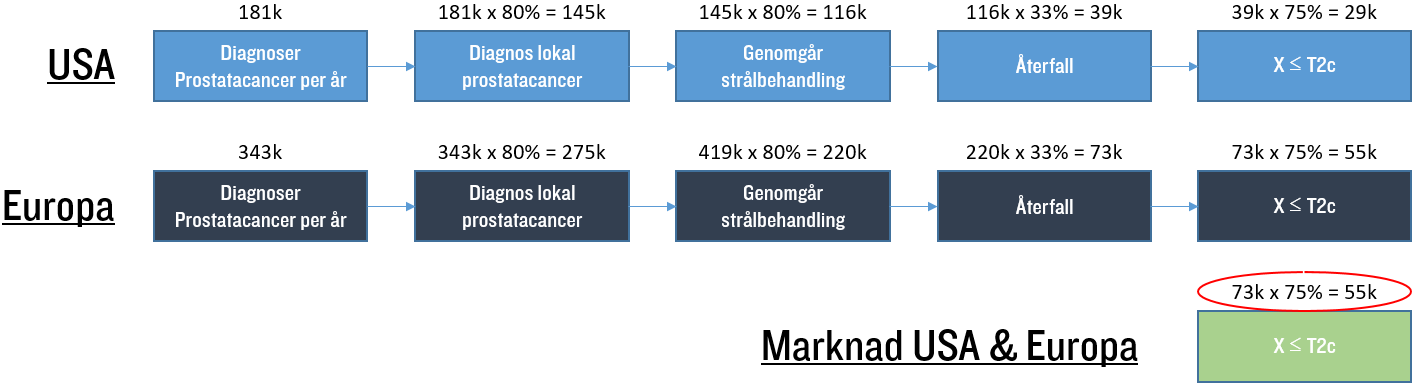 Ovan illustrerar vår metod för att uppskatta antalet patienter per år i USA respektive i Europa. De båda är de tilltänkta primära marknader för bolagets PDT-system.