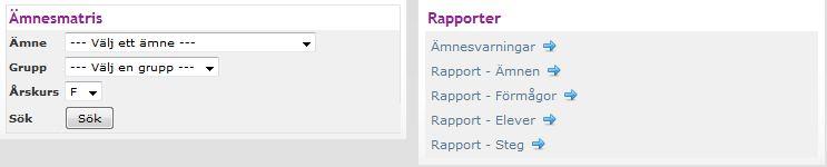 Rapport sammanställning Visar enbart sammanställningen inklusive eventuell kommentar för Elev och Årskurs alternativt Ämne och Mentorsgrupp. 1. Klicka på Rapport Sammanställning 2.