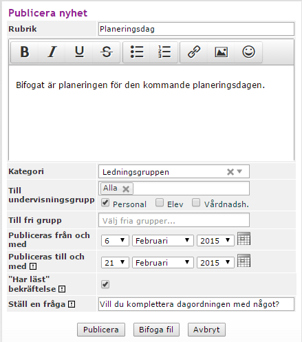 4. Klicka på för att infoga en bild i nyheten. 5. Välj kategori. Om en nyhet skapas utan kategori hamnar den på startsidan under nyhetsmenyn Kategori saknas. 6.