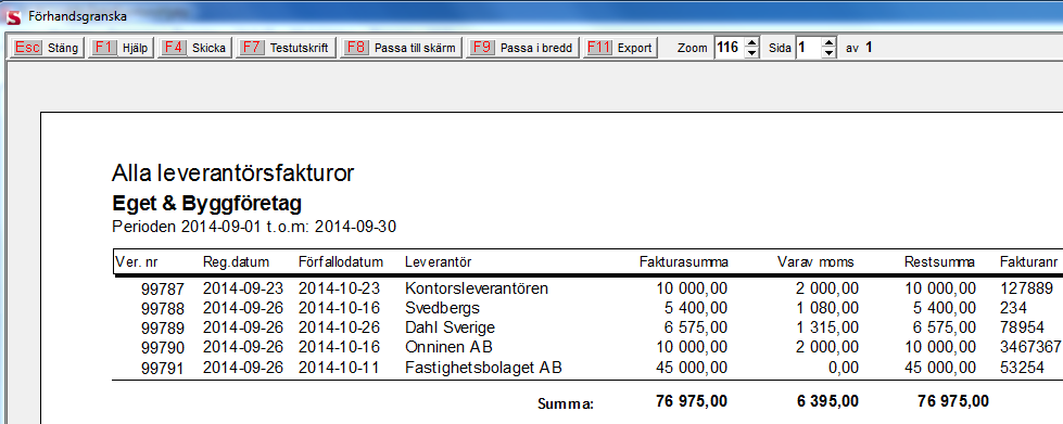 Leverantörsfakturor Gå in under Program/Leverantörsreskontra/Rapporter/Fakturor Ange Datumintervall och tryck på F10 Utför. Skriv ut med F9 Skriv eller granska med F8 Granska.