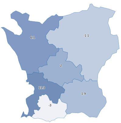 Gästnätter per boendetyp i Skåne jan-aug 2016. Andel samt utveckling % jämfört med motsvarande period föregående år.