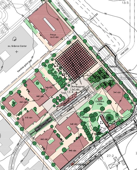 Byggrätterna medger att c:a 1 500 personer kan vistas inom planområdet. Figur 1 Plankarta för del av Östra Torn 27:13 m.fl. i Lund (Science Village).