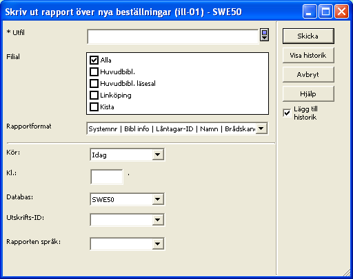 Rensa filter Denna knapp rensar alla filter. 5.3 Via batchjobb Alternativt kan man skriva ut en lista över nya fjärrlånebeställningar med hjälp av ett s.k. batchjobb. Man väljer bibliotekets administrativa bas (xxx50).