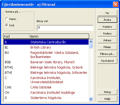 Från detta fönster skapar, ändrar och raderar man registreringar av långivande bibliotek. Man kan söka på koden för ett bibliotek eller på namnet.